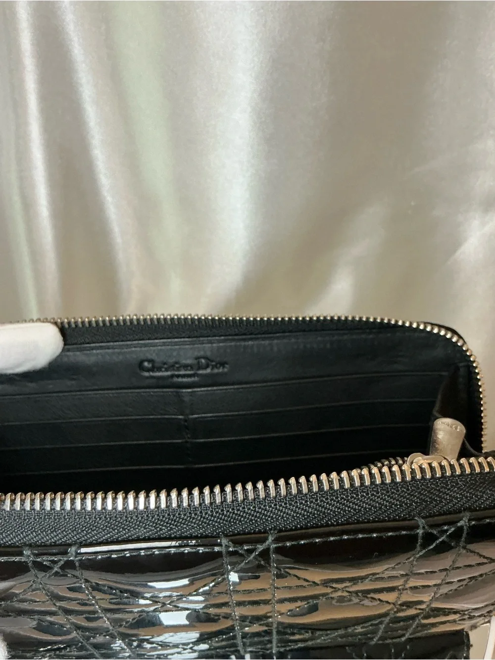 Dior Black Patent Quilted Zip-Around Wallet